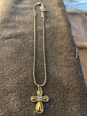 Sterling Silver Cross Pendant Necklace with Amber Inlay - Yellow